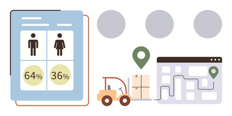 Naklejka premium Business analytics, gender data, logistics, delivery management, route navigation, supply chain. Infographic includes a gender report, forklift map pointer route. Gender data and logistics concept