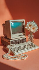 Fototapeta premium Vintage computer with pearl necklace and flowers on retro desk setup