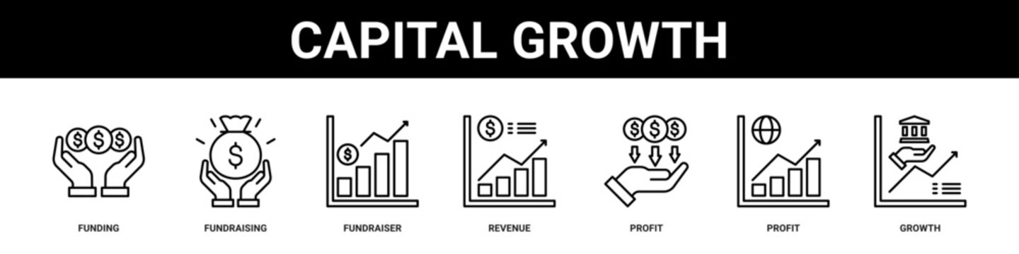 Capital Growth web banner icon set collection solid style.