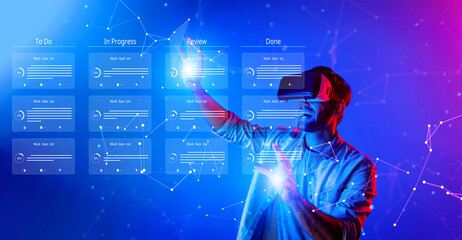 Explore a modern workspace showcasing innovative project management tools combined with virtual reality, enhancing task efficiency and team collaboration in agile environments. XDMCP