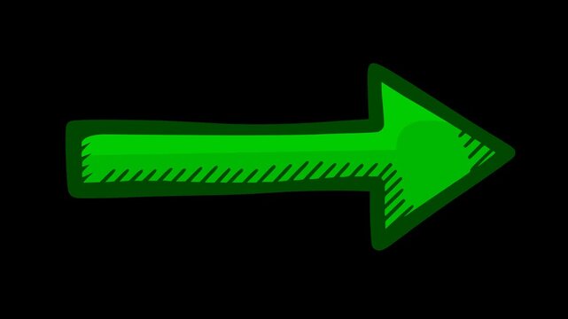 High-quality 2D animation of a hand-drawn green arrow pointing right. Features a sketch style with hatching shadows and transparent background (alpha channel) for easy integration