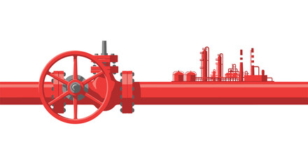 A close-up of a large red industrial pipe with a control valve leading towards a refinery.