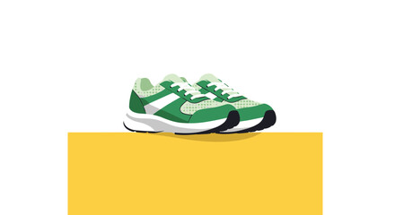 A pair of green and white running shoes with white laces, placed on a yellow surface.