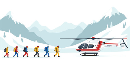 A group of mountaineers approaching a helicopter in a snowy mountain range.
