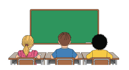 Three children sitting at desks, facing away from the viewer towards a green blackboard.