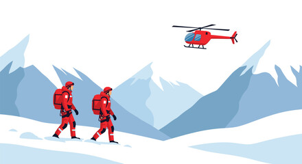 Two mountaineers in red gear walking through a snowy mountain landscape with a helicopter.