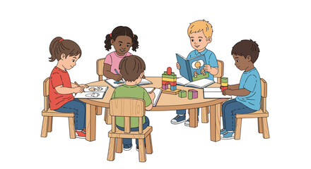 Several children sitting around a table engaged in learning activities like reading and drawing.