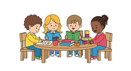 A group of diverse children sitting around a table, reading, drawing, and playing with blocks.