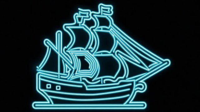 A stylized neon-like illustration of a sailing ship with masts, sails, and flags set against black