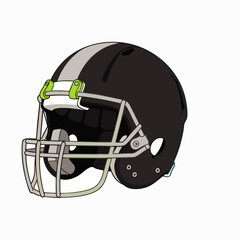 Fototapeta premium Black American football helmet vector illustration. Isolated protective headgear with grey stripe and green buckle for player safety in team sports.