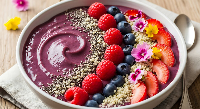 A delicious and healthy bowl of fruit topped smoothie with fresh berries