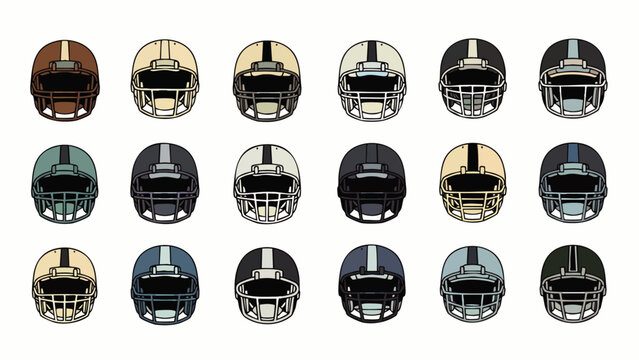 Collection of American Football Helmets in Various Colors and Styles, Sport Equipment Design Elements