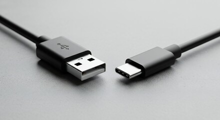 Close-up of modern data transfer cables for electronic devices on a clean grey background, showcasing essential connectivity