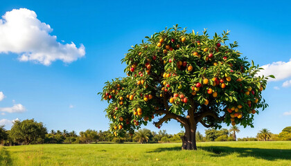 Orange tree. A large tree with huge oranges. One tree on a hill near the garden