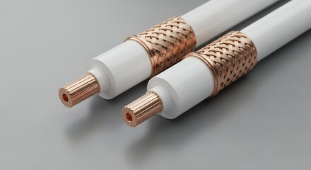 Close-up of modern coaxial cables with exposed copper braiding and core, illustrating advanced data transmission technology in a studio setting.