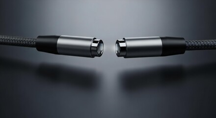 Two sleek metallic cable connectors poised for connection against a dark, minimalist background, symbolizing modern data transfer and technology.