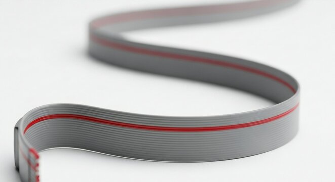 Close-up of a gray ribbon cable with a red stripe, illustrating data connection and technology on a clean white background