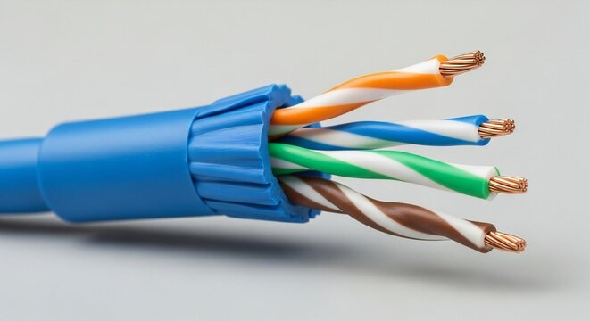 Close-up of exposed colorful twisted pair wires within a blue network cable, highlighting data transmission and modern digital connectivity.