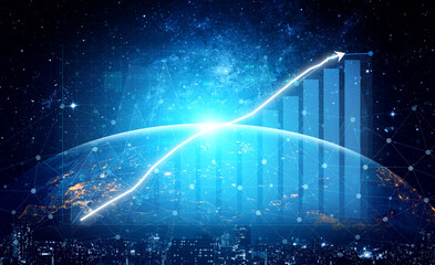 Fototapeta premium This captivating image depicts a futuristic global growth scene, showcasing financial charts over Earth in space, highlighting data trends and progress. Impute