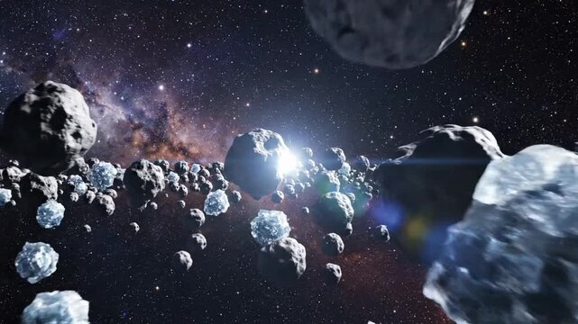 View of an asteroid belt in space