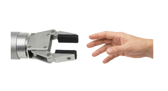Robotic hand reaching towards human hand for technological collaboration - Powered by Adobe