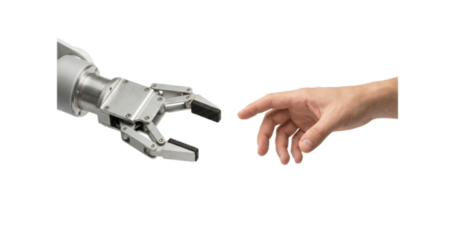 Robotic hand reaching towards human hand for technological collaboration - Powered by Adobe