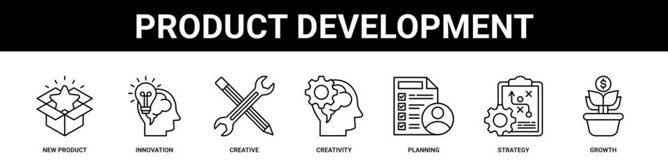 Product Development web banner icon set collection solid style.