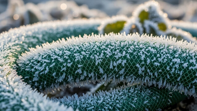 Detailed close-up of hoarfrost texture on a green garden hose, showcasing intricate ice crystal formations for winter gardening, sub-zero outdoor conditions, weather blogs, and cold season themes.
