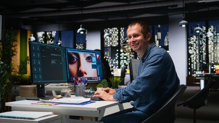 Fototapeta premium Media editor using AI program turning text prompt into photos, retouching technique. Graphic designer text to image artificial intelligence generator transforming words into pictures. Camera A.