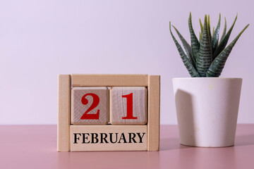 Minimalist white wooden block perpetual calendar displaying FEBRUARY 21