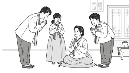 Family Members Performing Traditional Korean Bow.
