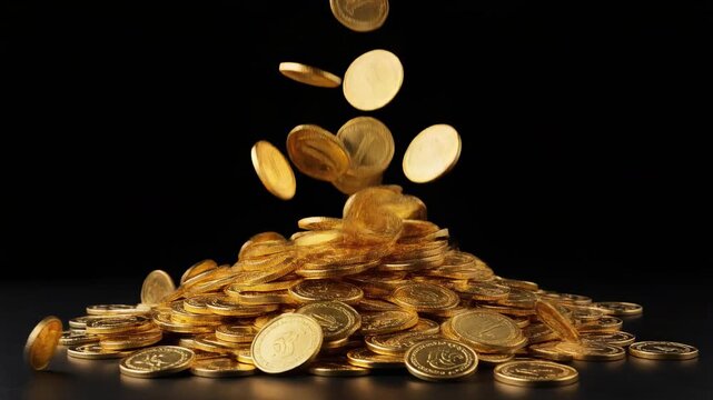 Falling gold coins piling up on black background for business and wealth concepts