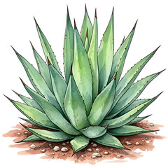 Fototapeta premium Detailed Illustration of a Vibrant Agave Plant with Spiky Green Leaves and Ground.