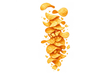 Crispy potato chips scattering and falling, an appetizing snack flying in motion with a transparent background