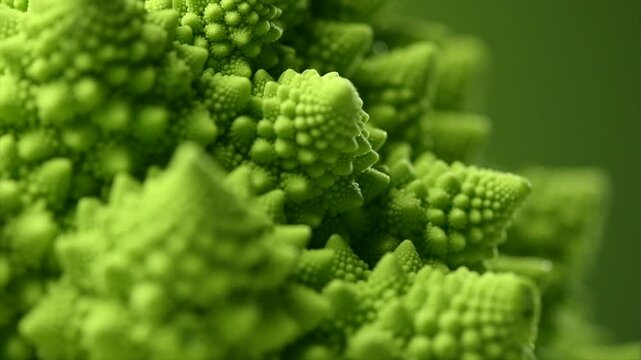 Romanesco broccoli cabbage or Roman Cauliflower abstract texture on green background, macro shot. Fresh Food design, vegan backdrop, slow motion, rotating