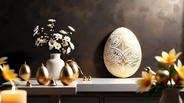 elegant easter egg with a golden pattern stands on a shelf next to a vase of white flowers and small gold jewelry