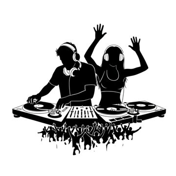 Two DJs wearing headphones at turntables Isolated On Transparent Background.