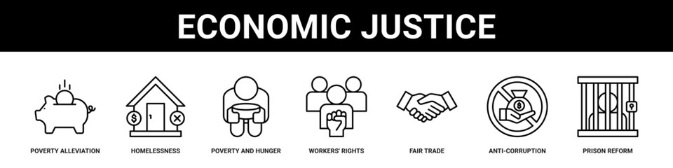 Economic Justice web banner icon set collection solid style.