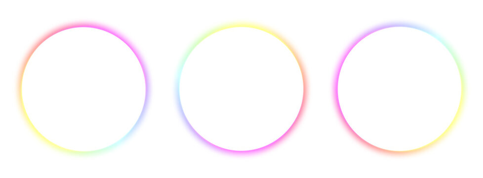 Abstract gradient neon circle frame isolated on transparent, vibrant rainbow color LED sign for design, multicolored laser light spectrum set, empty futuristic glowing line collection illustration