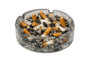 Glass ashtray overflowing with cigarette butts and ash, illustrating smoking addiction, unhealthy habits, and tobacco waste