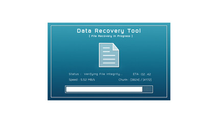 Data recovery process screen in cloud storage server, database protection backup for restore secure network, cybersecurity software technology transparent illustration, isolated retro computer monitor