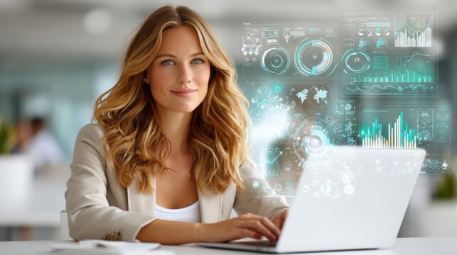 Blonde businesswoman working on laptop with holographic analytics dashboard and futuristic data charts in modern office bokeh concept of digital transformation strategy, AI Data Technology Concept - Powered by Adobe