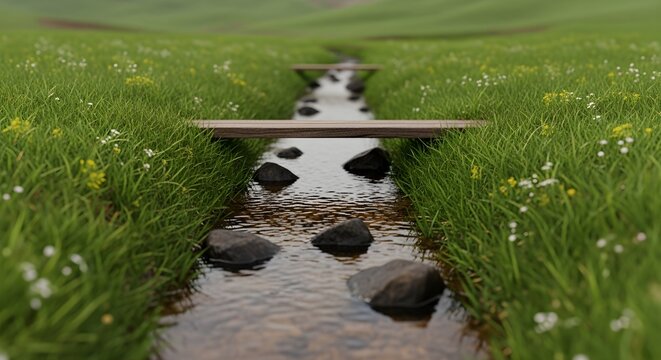 Small Wooden Bridge Over a Peaceful Stream Amidst Lush Greenery and Serene Nature