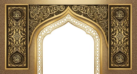 An ornate Thai style door and window featuring an antique golden frame and vintage wood carvings set against an aged wall in a classical gallery