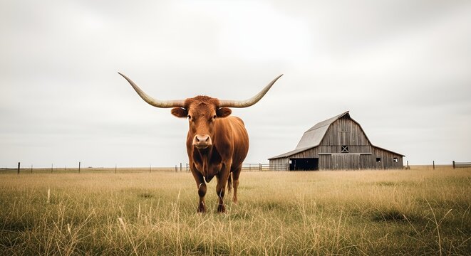 Longhorn Bull Stands Proudly Before an Old Barn on a Grassy Texas Plain