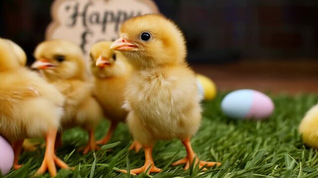 Group of cute baby chicks celebrating easter