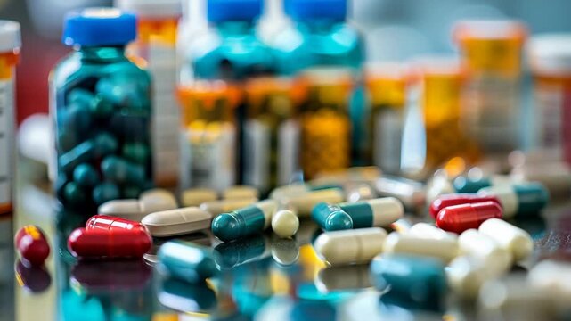 Variety of pharmaceutical drugs and medicine bottles on a reflective surface