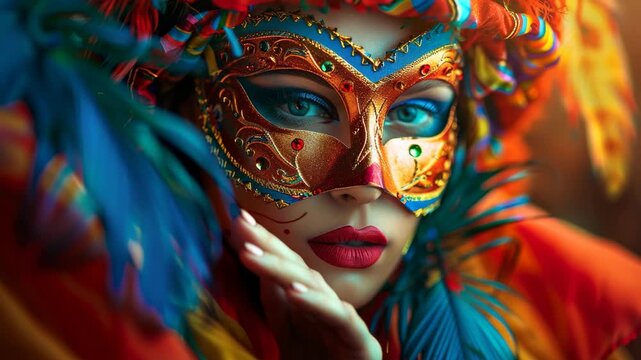 Mysterious woman wearing a colorful venetian carnival mask