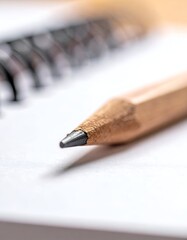 Macro shot of a sharpened writing tool resting on a spiral-bound book