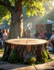 Sunlight bathes a tree stump, with people blurred in the background